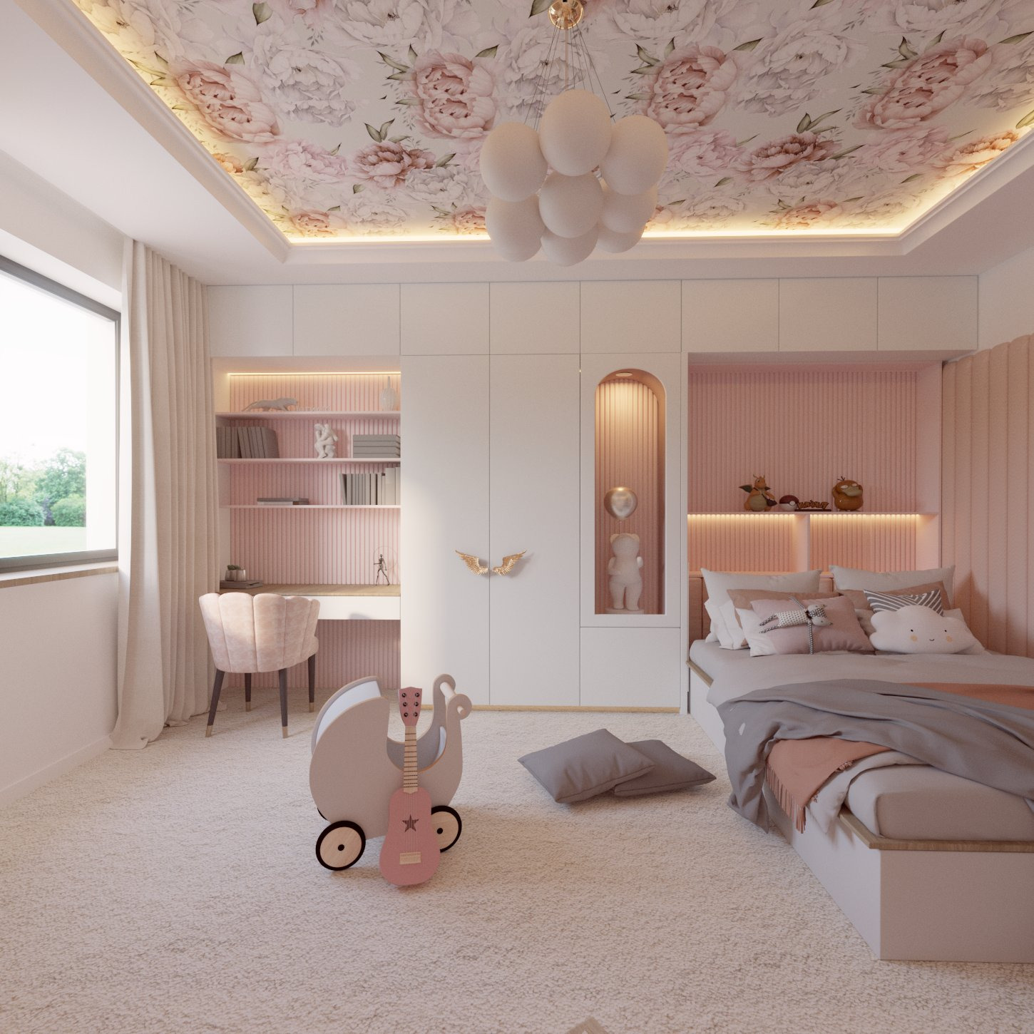 Pokój dziecięcy w pastelowych odcieniach różu i bieli, z dekoracyjnym sufitem w kwiaty, biurkiem, łóżkiem i zabawkami, oświetlony lampą w kształcie balonów.
