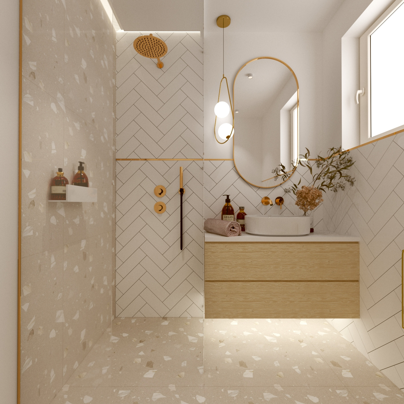Nowoczesna łazienka z beżowymi płytkami lastryko na podłodze i ścianie prysznica, białe płytki ułożone w jodełkę na ścianie przy umywalce, złote akcenty w postaci armatury, lustra i oświetlenia...