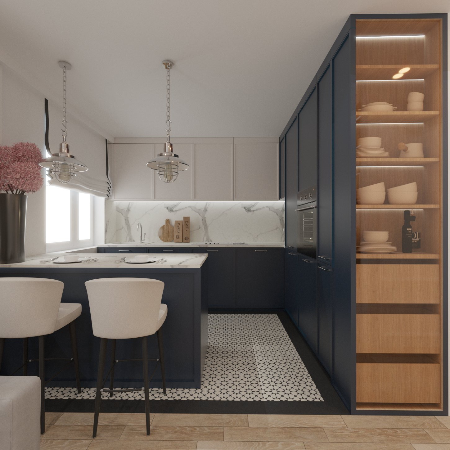 Wizualizacja nowoczesnej kuchni z wyspą, granatowymi szafkami, marmurowym blatem i podłogą w geometryczny wzór. Oświetlenie punktowe i wiszące lampy nad wyspą. Na półkach dekoracyjne naczynia...