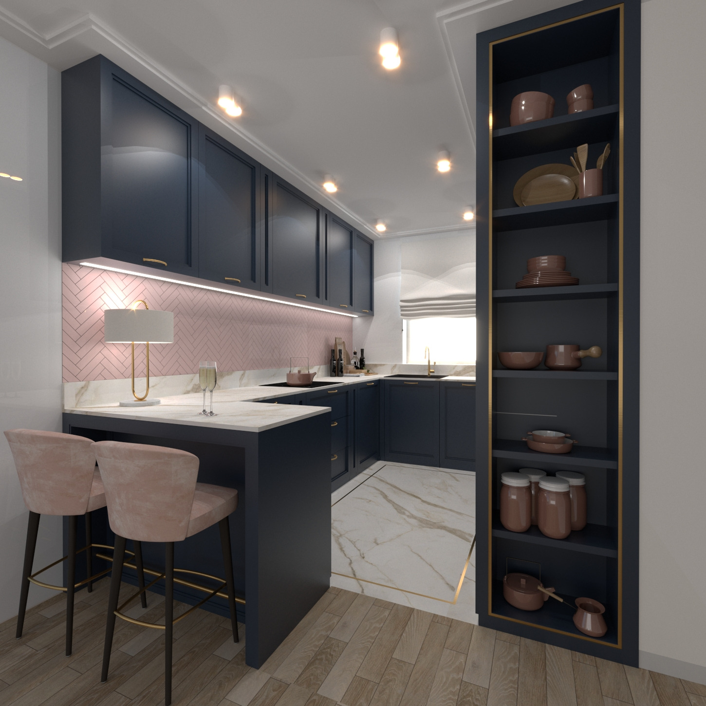 Wizualizacja kuchni z granatowymi szafkami, różową mozaiką na ścianie, marmurowym blatem i podłogą, oraz wysokimi krzesłami barowymi z różowego weluru.