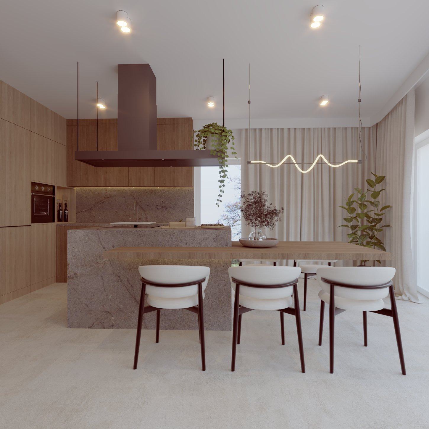 Wizualizacja nowoczesnej kuchni z wyspą i jadalnią, drewniane szafki, szary kamień, minimalistyczne krzesła z białymi siedziskami, designerska lampa wisząca.