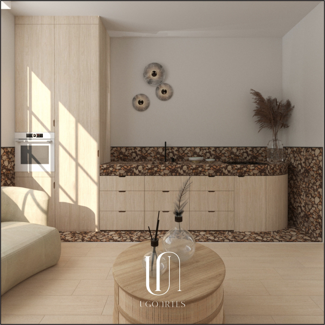 Wizualizacja jasnej kuchni z drewnianymi szafkami, blatem z wzorem terazzo i okrągłym stolikiem kawowym z dekoracjami, oświetlona promieniami słońca wpadającymi przez okno.