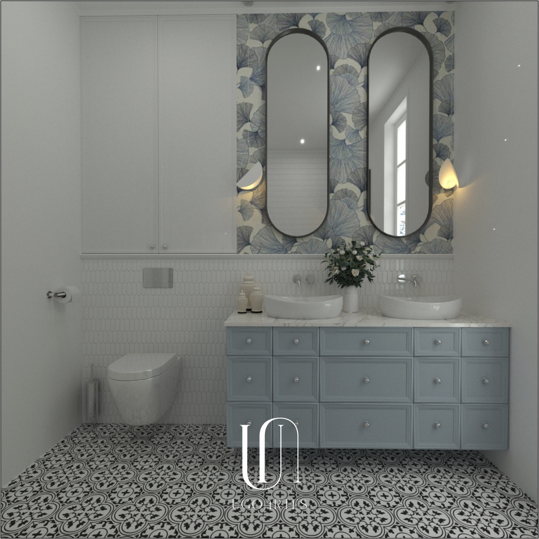Wizualizacja łazienki z podwójną umywalką nablatową, szafką w odcieniach szarości z ozdobnymi gałkami, owalnymi lustrami w czarnych ramach, wzorzystą tapetą w odcieniach błękitu i białymi płytkami...