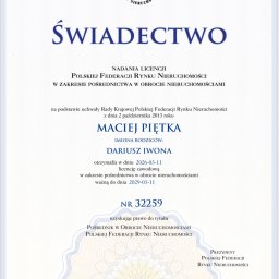 WM Real Estate - Świadectwo nadania licencji pośrednika w obrocie nieruchomościami Macieja Piętki, wydane przez Polską Federację Rynku Nieruchomości, ważne do 2029-03-11.