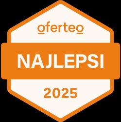 Pomarańczowa odznaka Oferteo 'Najlepsi 2025' na czarnym tle. Grafika z wyraźnym napisem, promująca wyróżnienie w serwisie Oferteo.pl.