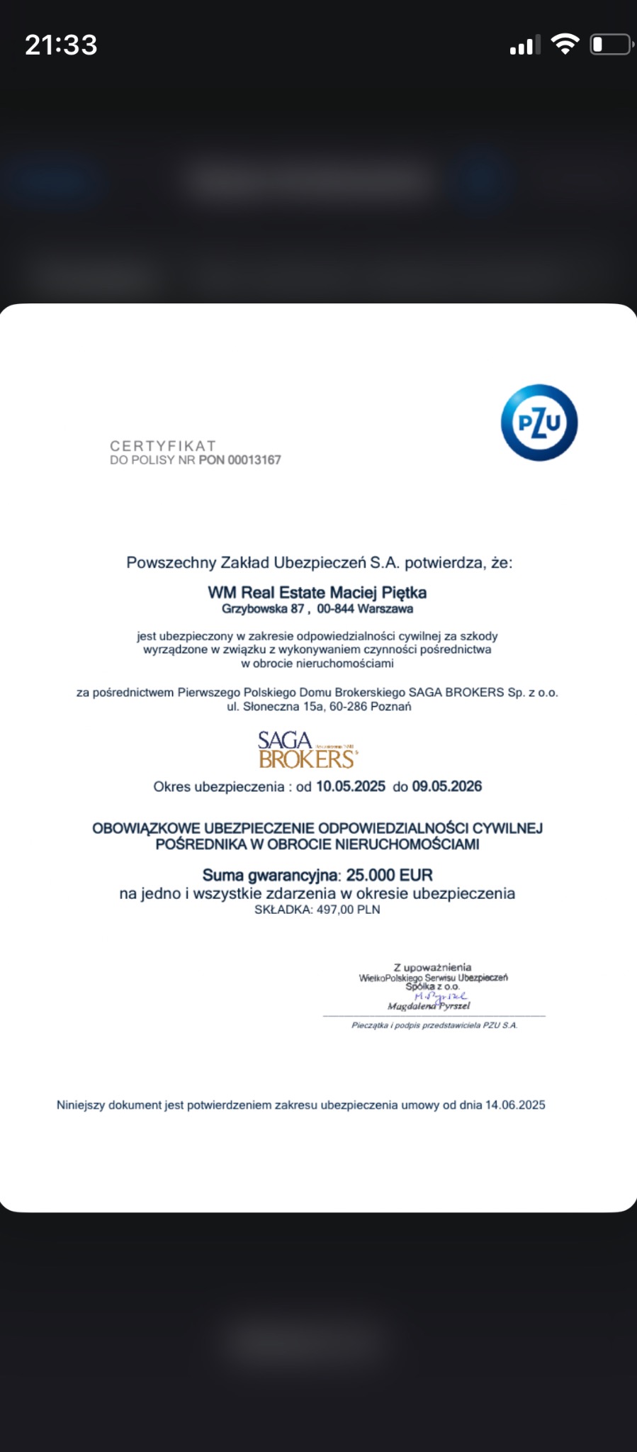 Certyfikat polisy OC pośrednika nieruchomości WM Real Estate Maciej Piętka w PZU. Suma gwarancyjna 25 000 EUR, okres ubezpieczenia 10.05.2025-09.05.2026.