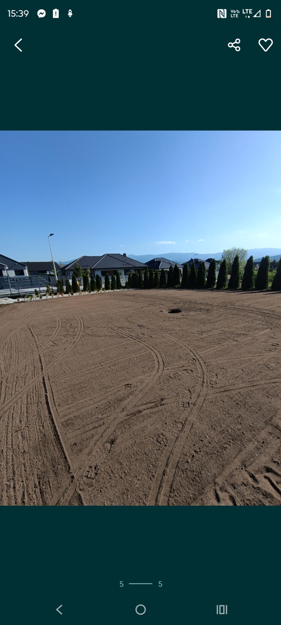 Przygotowany teren pod trawnik: wyrównana ziemia z widocznymi śladami maszyn, rząd posadzonych drzew iglastych wzdłuż ogrodzenia, błękitne niebo.