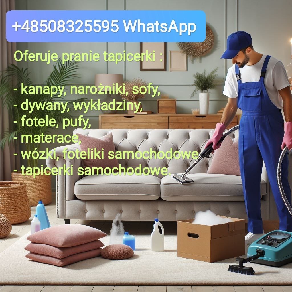 Mężczyzna w niebieskim kombinezonie i różowych rękawicach czyści odkurzaczem beżową kanapę. W tle widoczne meble, a na pierwszym planie stos poduszek, karton z pianą i butelki z detergentami.