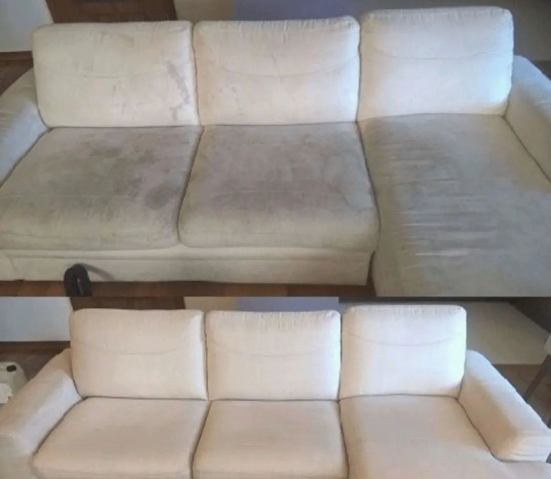 Porównanie: Trzyosobowa, jasna kanapa tapicerowana - widoczne silne zabrudzenia na siedzisku i oparciu przed praniem (górna część zdjęcia) oraz efekt po czyszczeniu (dolna część zdjęcia).