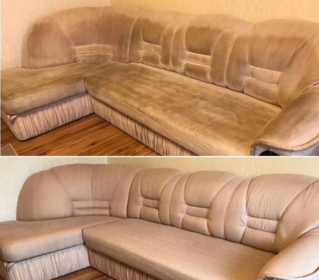 Porównanie narożnika przed i po czyszczeniu, widoczna różnica w odcieniu i usunięte plamy na tapicerce.