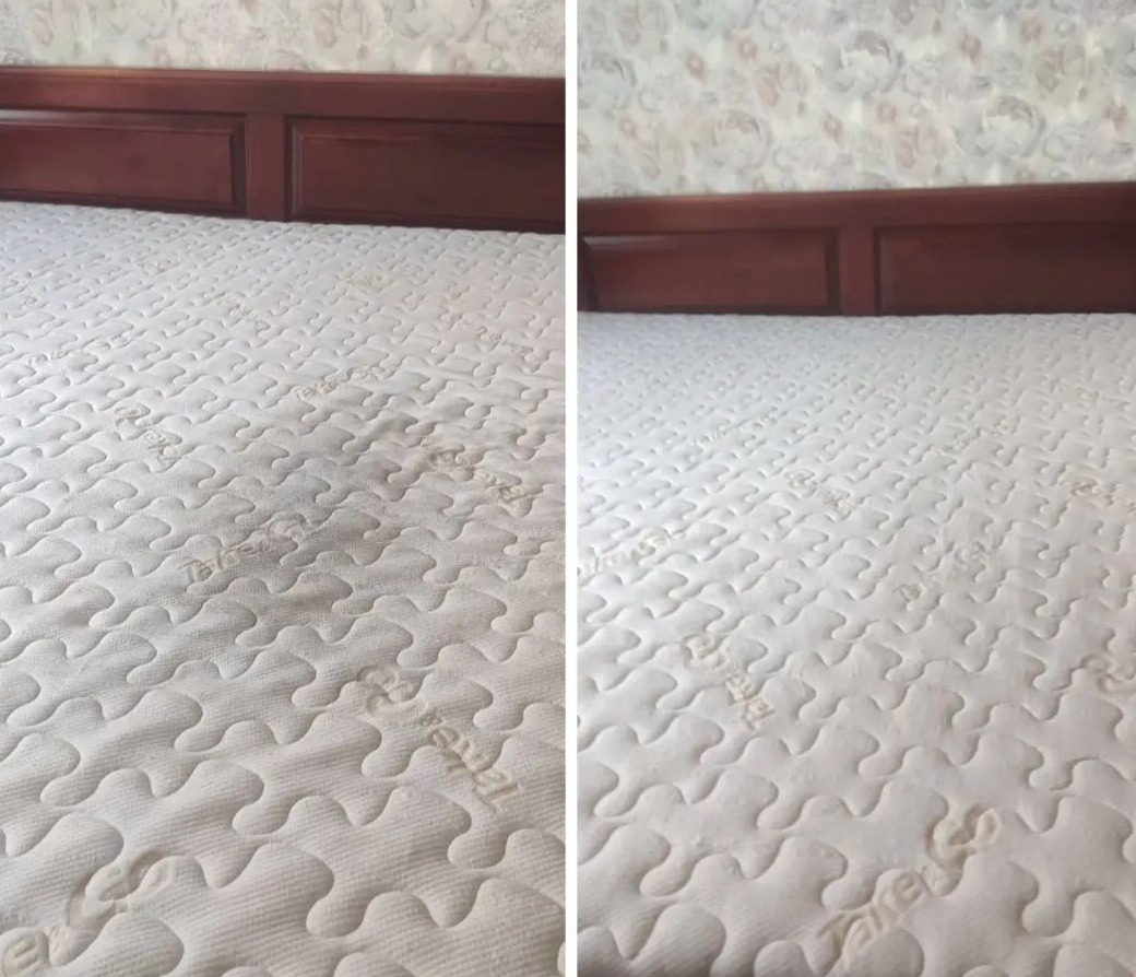 Porównanie stanu materaca przed i po czyszczeniu, widoczne różnice w odcieniu i usunięcie zabrudzeń na lewej połowie materaca z wzorem.