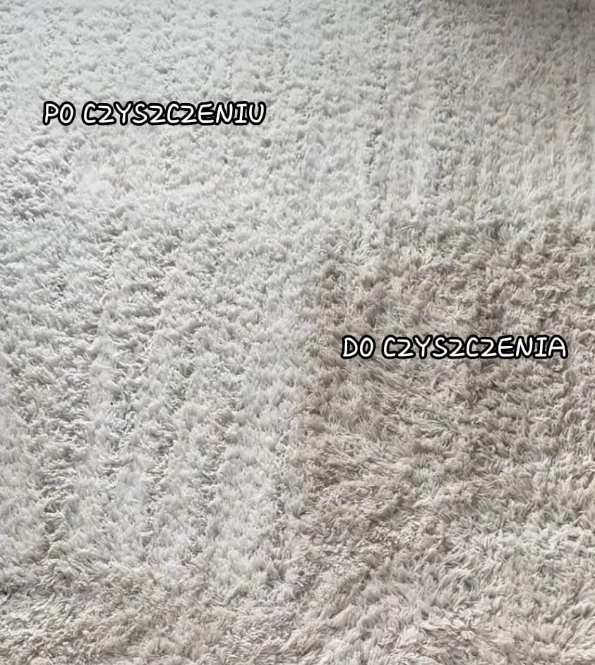 Dywan typu shaggy w odcieniach szarości podzielony na dwie części: lewa strona 'po czyszczeniu' jest wyraźnie jaśniejsza i bardziej puszysta niż prawa strona 'do czyszczenia'.