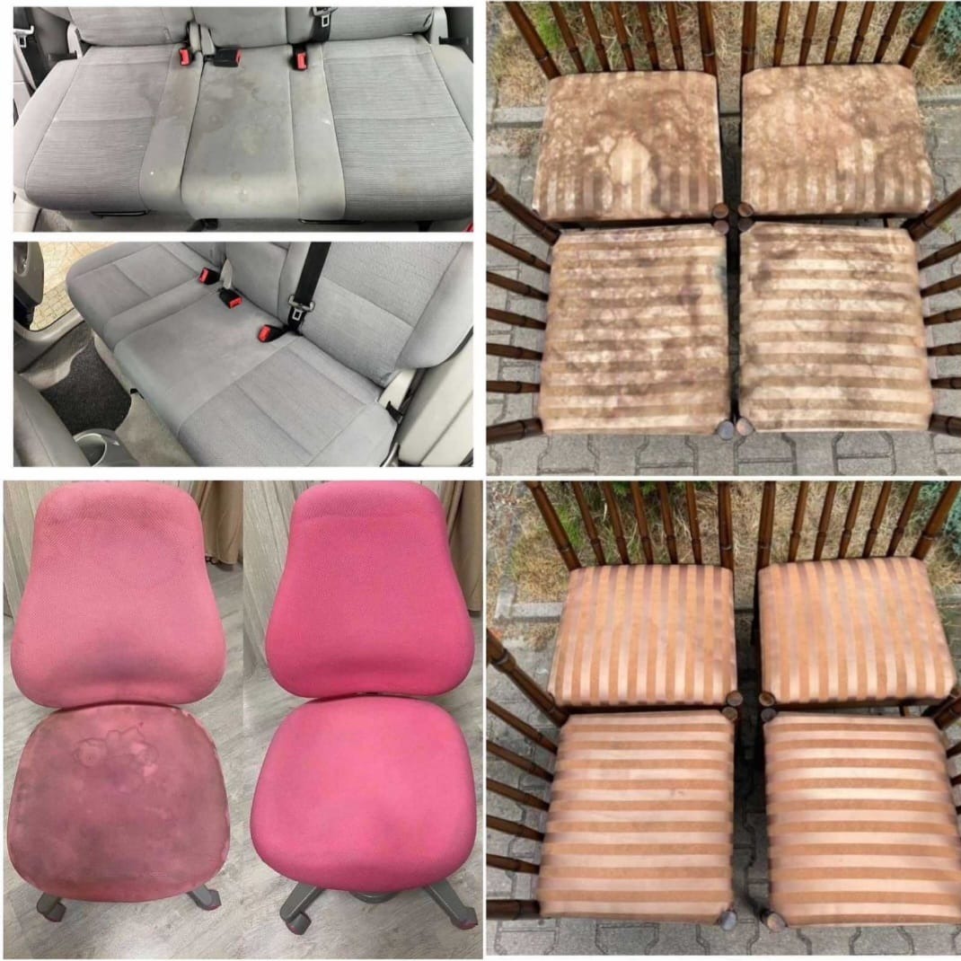 Kolaż przedstawiający efekty czyszczenia: tapicerka samochodowa przed i po, cztery krzesła z plamami przed i po, dwa różowe krzesła biurowe przed i po czyszczeniu.