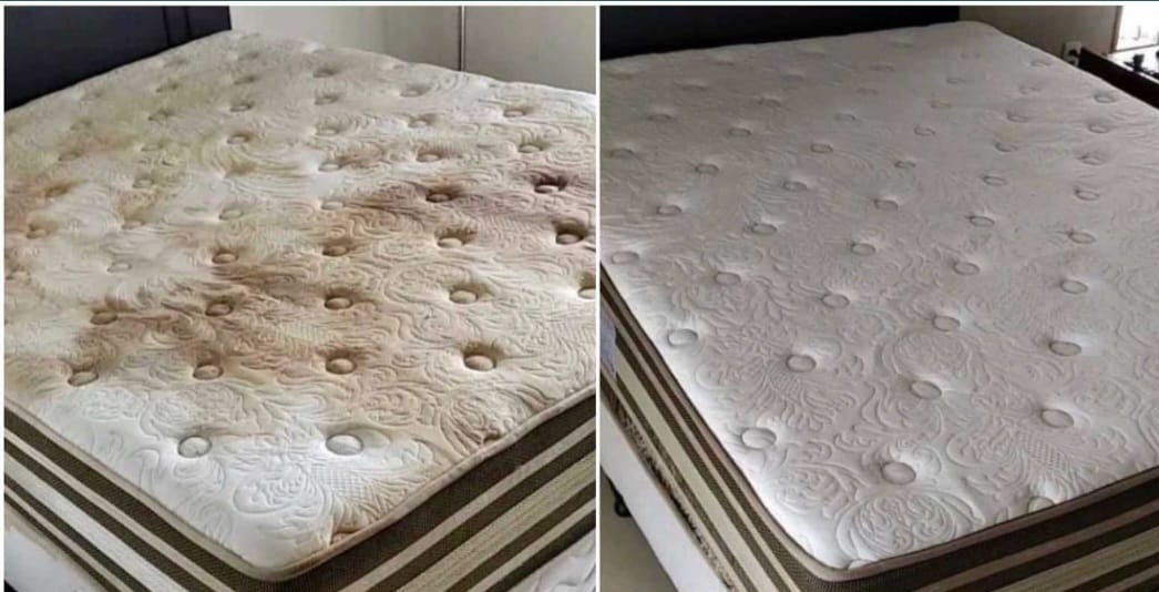 Materac z widocznymi plamami po lewej stronie i czysty po prawej, ukazujący efekt prania.