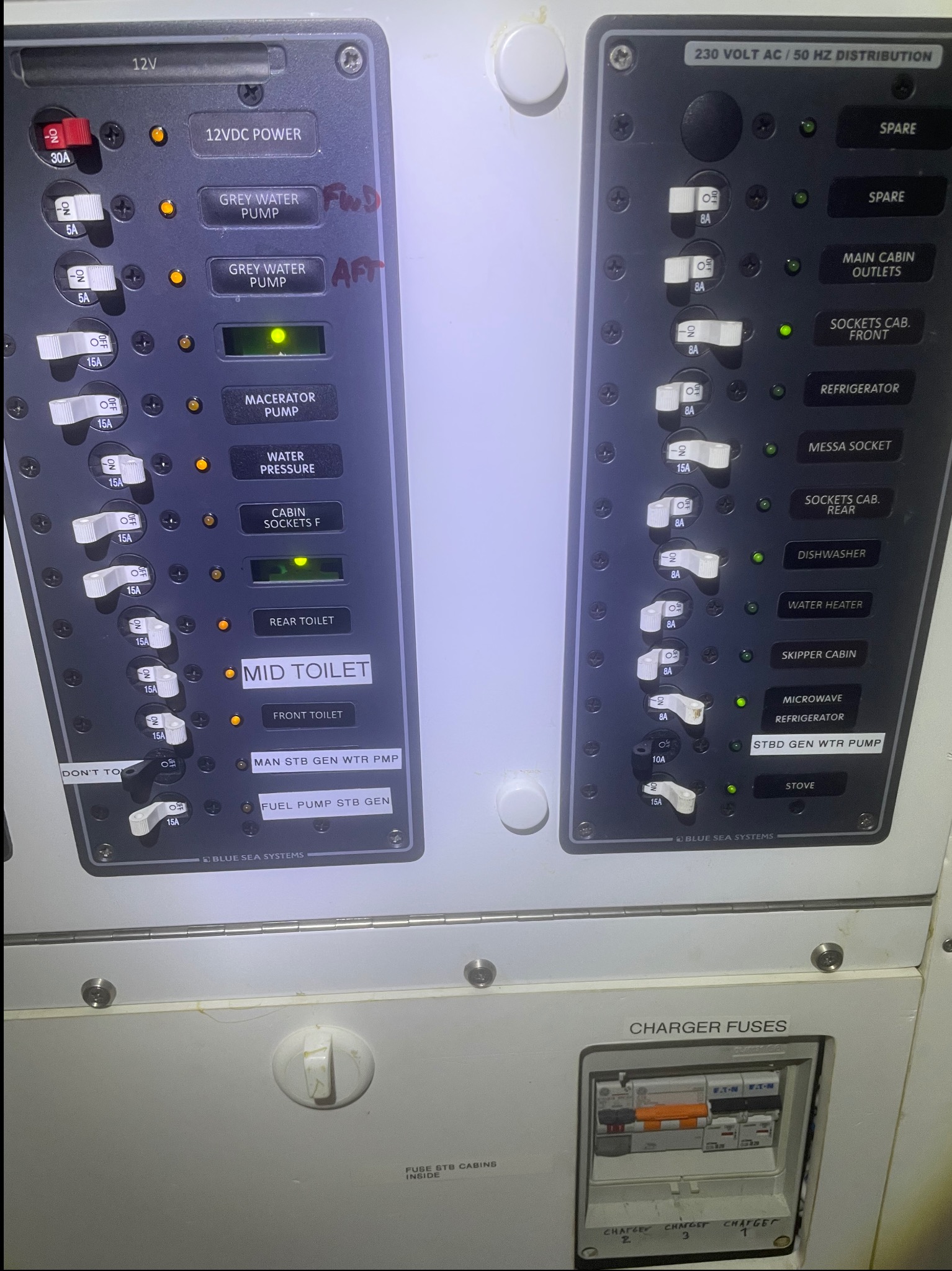 Panel sterowania elektrycznego jachtu z przełącznikami, bezpiecznikami i oznaczeniami obwodów, w tym pompy wody szarej i toalet, zasilany napięciem 12V i 230V.