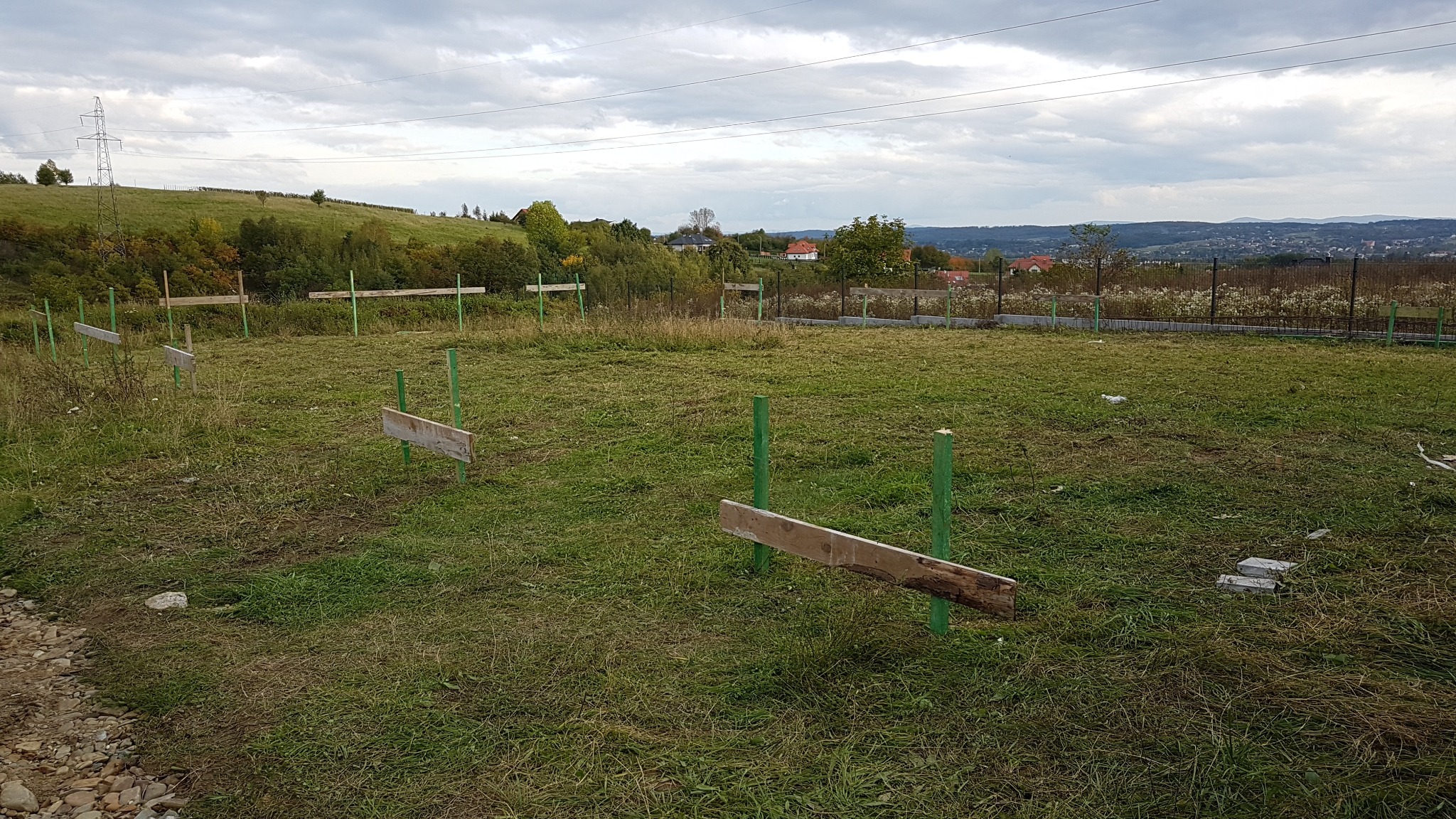 Wytyczanie fundamentów budynku na działce z widokiem na pagórkowaty krajobraz, drewniane deski i zielone słupki w trawie.