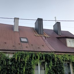 Andrzej Puchała PA&Synowie - Częściowo wymieniony, pordzewiały dach z blachy falistej z nowymi, czarnymi kominami, widoczne elementy drewniane konstrukcji dachu, okno dachowe i ściana budynku porośnięta bluszczem.