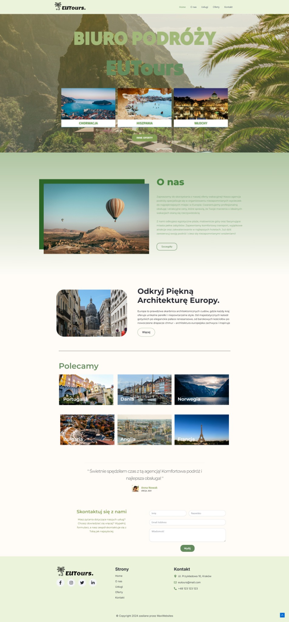 Projekt strony internetowej biura podróży z sekcjami prezentującymi oferty wyjazdów do Chorwacji, Hiszpanii i Włoch oraz polecane destynacje takie jak Portugalia, Dania, Norwegia, Bułgaria, Anglia...
