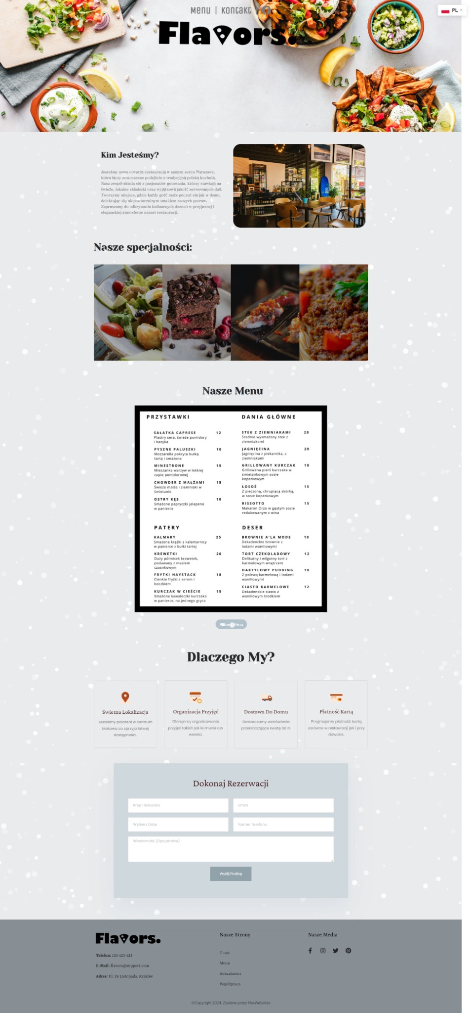 Projekt strony internetowej restauracji Flavors z menu, informacjami kontaktowymi i formularzem rezerwacji, utrzymana w jasnej kolorystyce z elementami kulinarnymi na górze.
