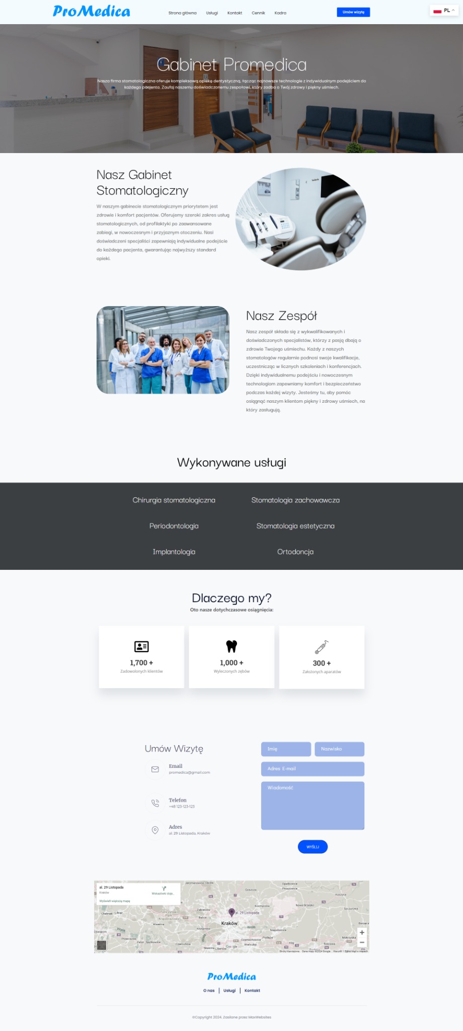 Projekt strony internetowej gabinetu stomatologicznego ProMedica, z sekcjami o gabinecie, zespole, wykonywanych usługach i danymi kontaktowymi.