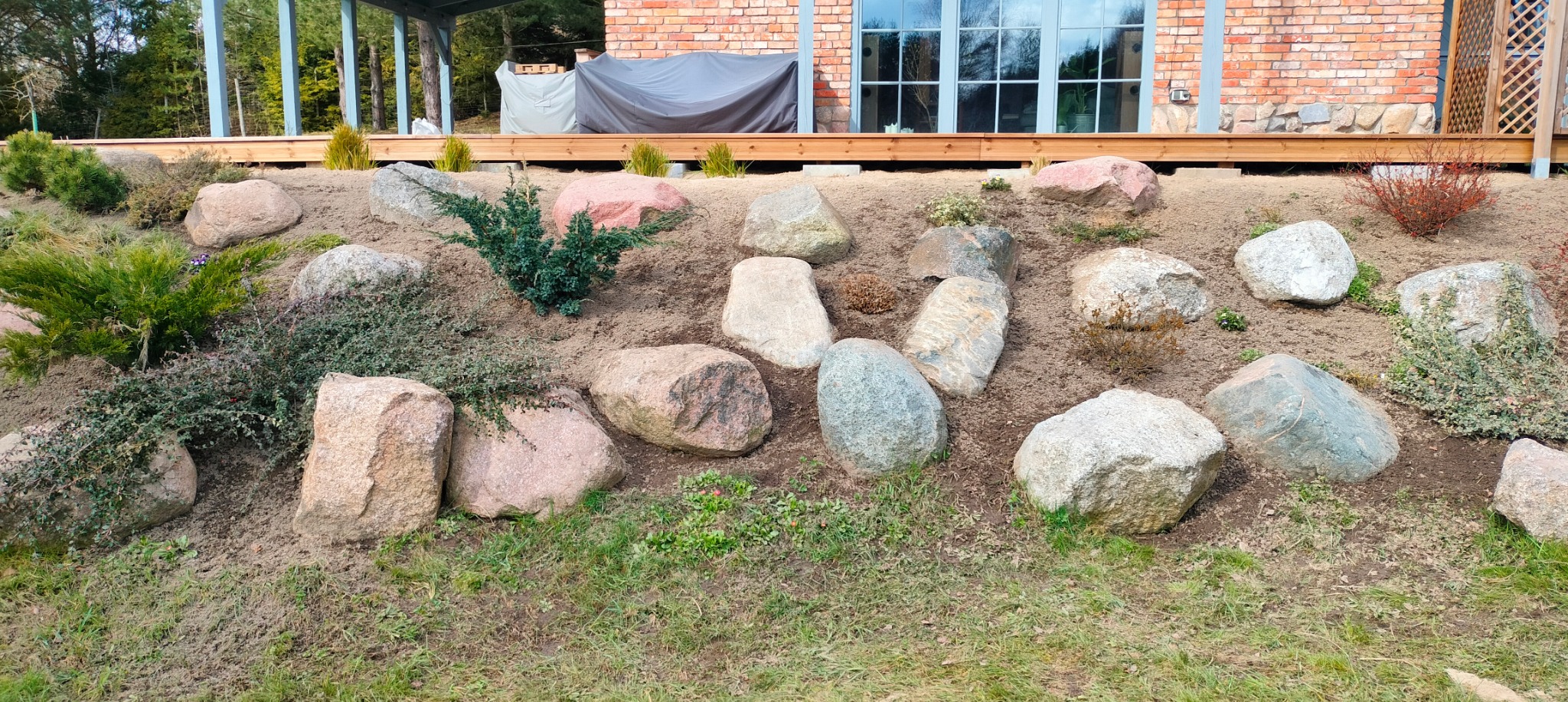 Ukształtowany teren z nasadzeniami iglaków i krzewów ozdobnych, wzmocniony dużymi kamieniami polnymi na tle domu z cegły i drewnianego tarasu.