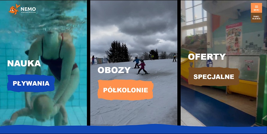 Kolumna z trzema pionowymi kadrami: nauka pływania pod wodą, dzieci na obozie narciarskim i oferta specjalna z aquaparku, z logo Nemo Sportowa Przygoda.
