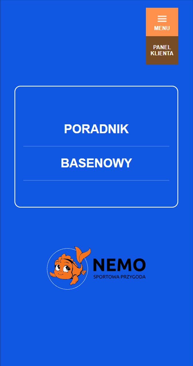 Mobilny interfejs aplikacji 'Poradnik Basenowy' z logo 'Nemo Sportowa Przygoda' z Krakowa. Menu i panel klienta w górnym rogu.