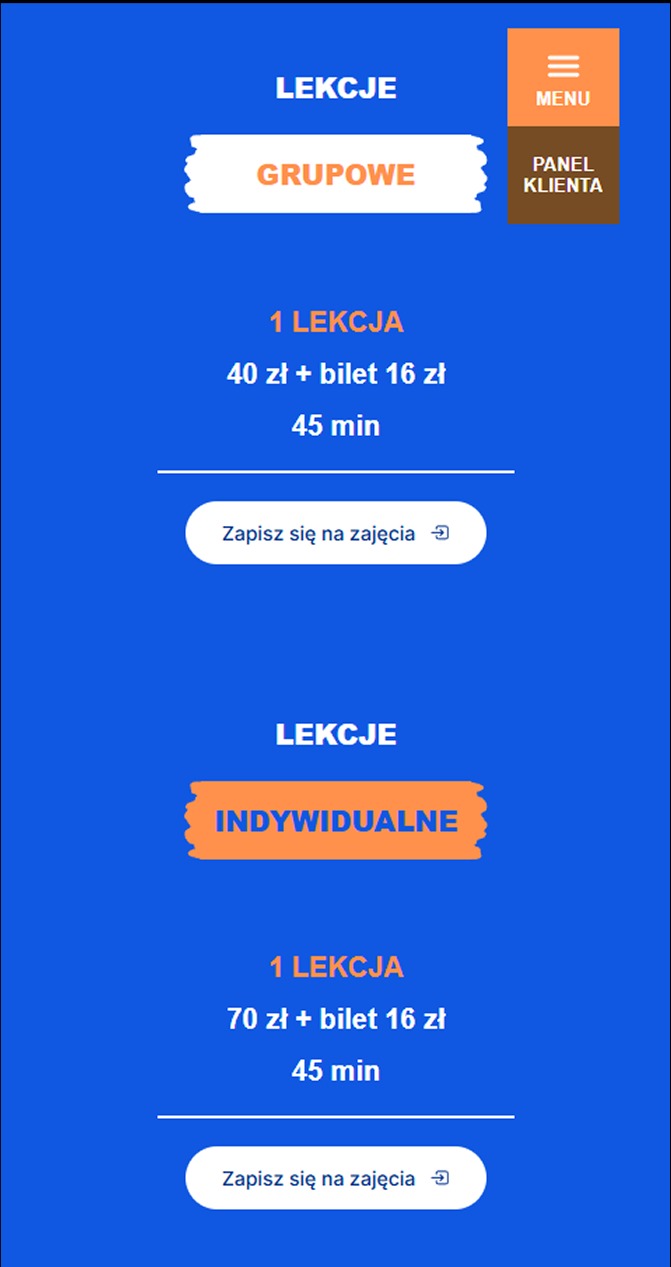 Mobilny interfejs z ofertą lekcji grupowych i indywidualnych. Cennik, czas trwania i przycisk zapisu na zajęcia. Kolorystyka niebiesko-pomarańczowa.