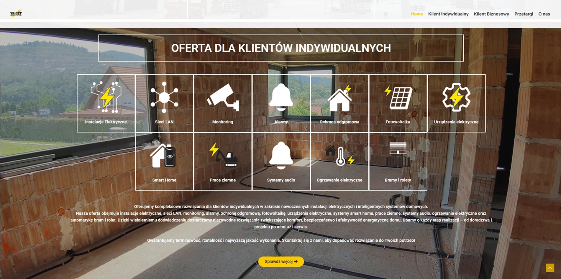 Oferta instalacji elektrycznych i systemów inteligentnych dla domu. Graficzne ikony z nazwami usług na tle surowych ścian w trakcie budowy. Kompleksowe rozwiązania.