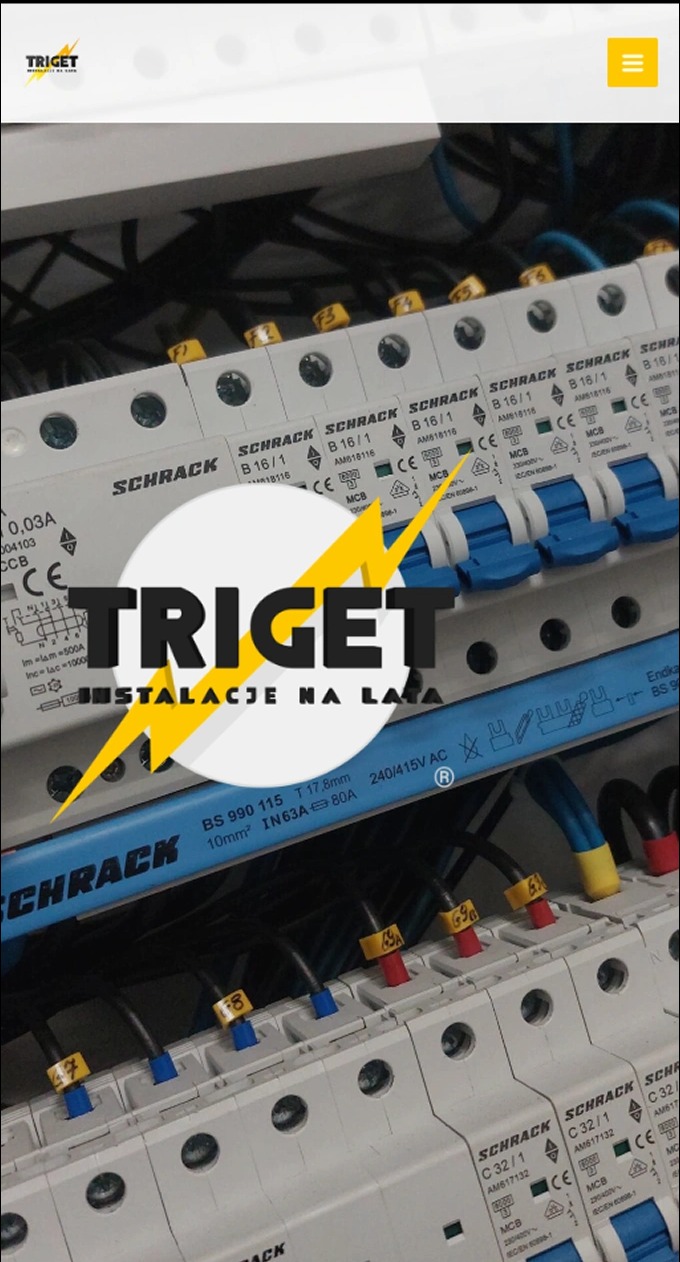 Rozdzielnica elektryczna z logo firmy Triget, widoczne bezpieczniki Schrack, przewody z oznaczeniami. Instalacje na lata.