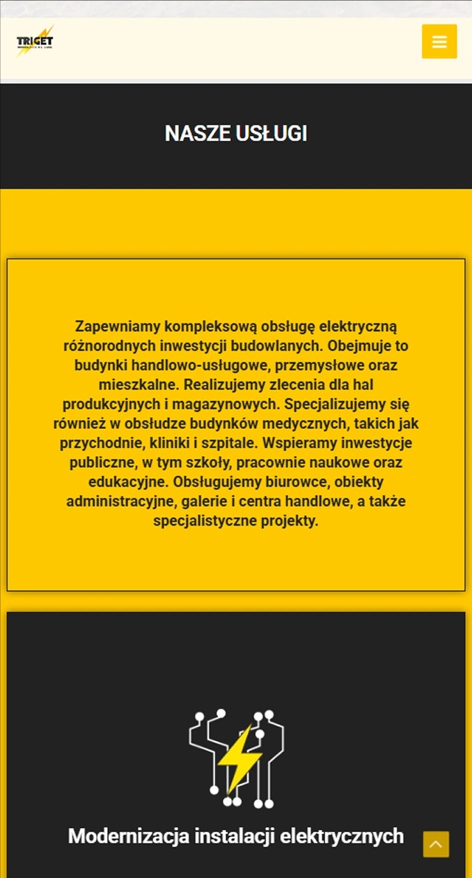 Żółto-czarna grafika prezentująca ofertę usług elektrycznych firmy Triget: kompleksowa obsługa inwestycji budowlanych, modernizacja instalacji elektrycznych.
