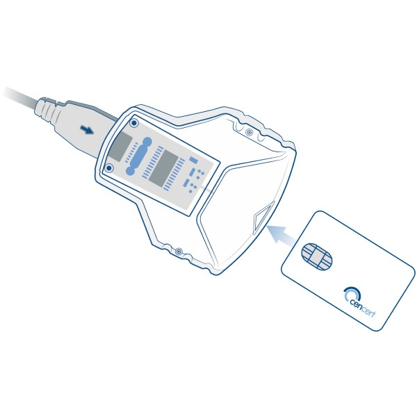 Ilustracja czytnika kart zbliżeniowych z podłączonym kablem USB i kartą z logo firmy Cencert, gotową do włożenia.