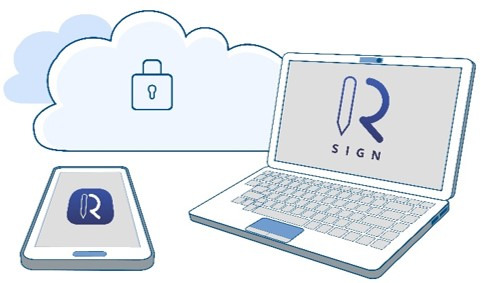 Grafika przedstawia laptopa i tablet z logo firmy R SIGN, nad nimi chmura z symbolem kłódki, co sugeruje bezpieczne rozwiązania w chmurze.