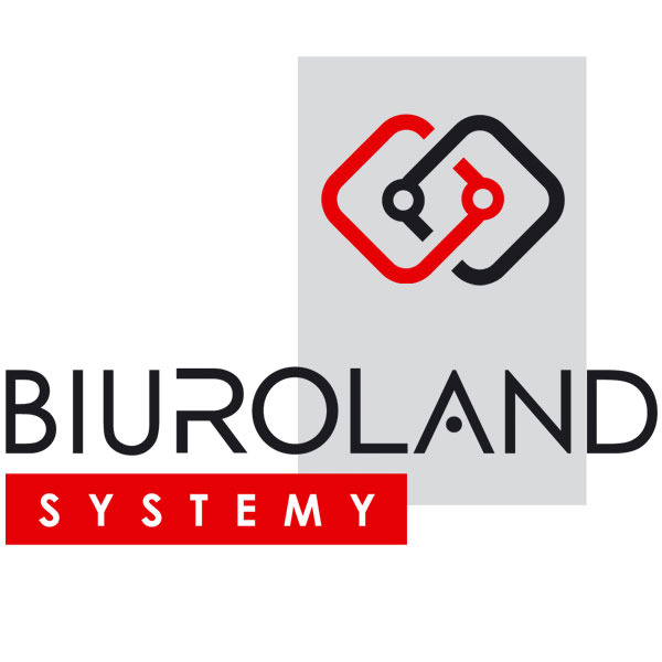 Logo firmy Biuroland Systemy z abstrakcyjnym symbolem dwóch połączonych kwadratów w kolorach czerwonym i czarnym na szarym tle.