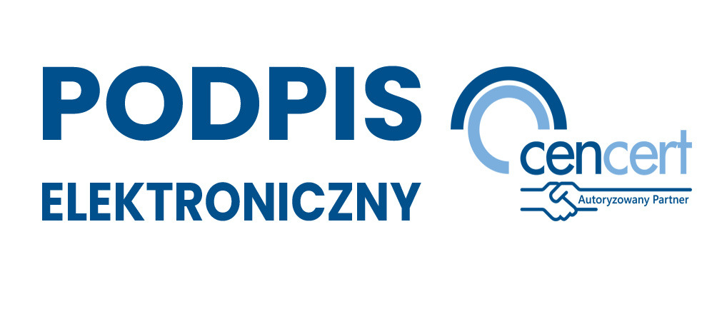 Logo firmy oferującej podpisy elektroniczne, z napisem PODPIS ELEKTRONICZNY oraz logotypem Cencert Autoryzowany Partner.