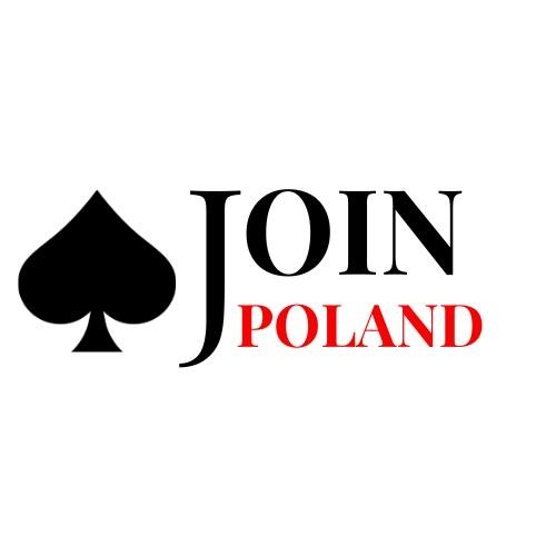 Grafika z czarnym pikiem i napisem 'JOIN' w czerni, poniżej 'POLAND' w czerwieni. Minimalistyczny design.