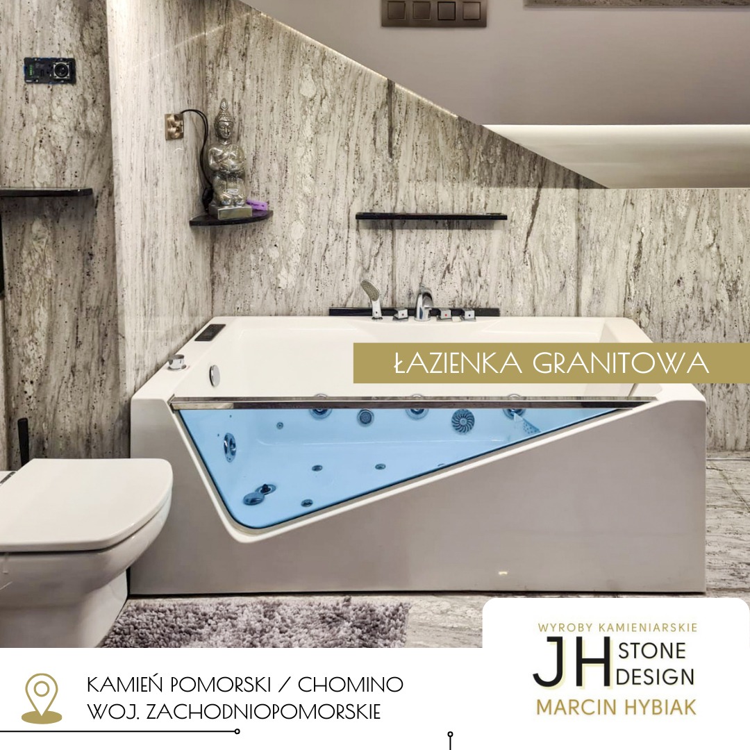 Nowoczesna łazienka w Kamieniu Pomorskim z wanną z hydromasażem i ścianami wyłożonymi kamieniem o nieregularnym wzorze, uzupełniona o elementy dekoracyjne i armaturę.