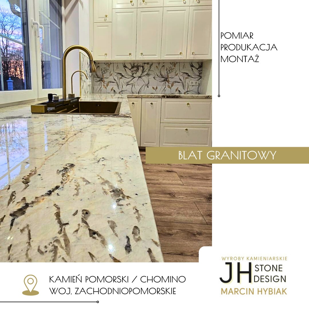 Jasny blat granitowy z unikalnym wzorem w odcieniach beżu i brązu, zamontowany w kuchni z kremowymi szafkami i złotą armaturą, widok z niskiego kąta, uwydatniający strukturę kamienia i odbicie...