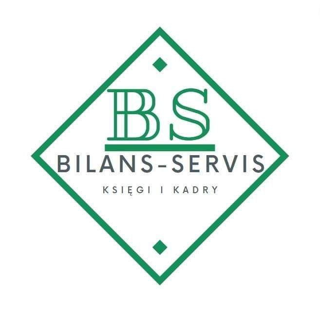 Logo firmy Bilans-Servis w zielonej ramce rombu, oferującej usługi księgowe i kadrowe, z inicjałami BS u góry.