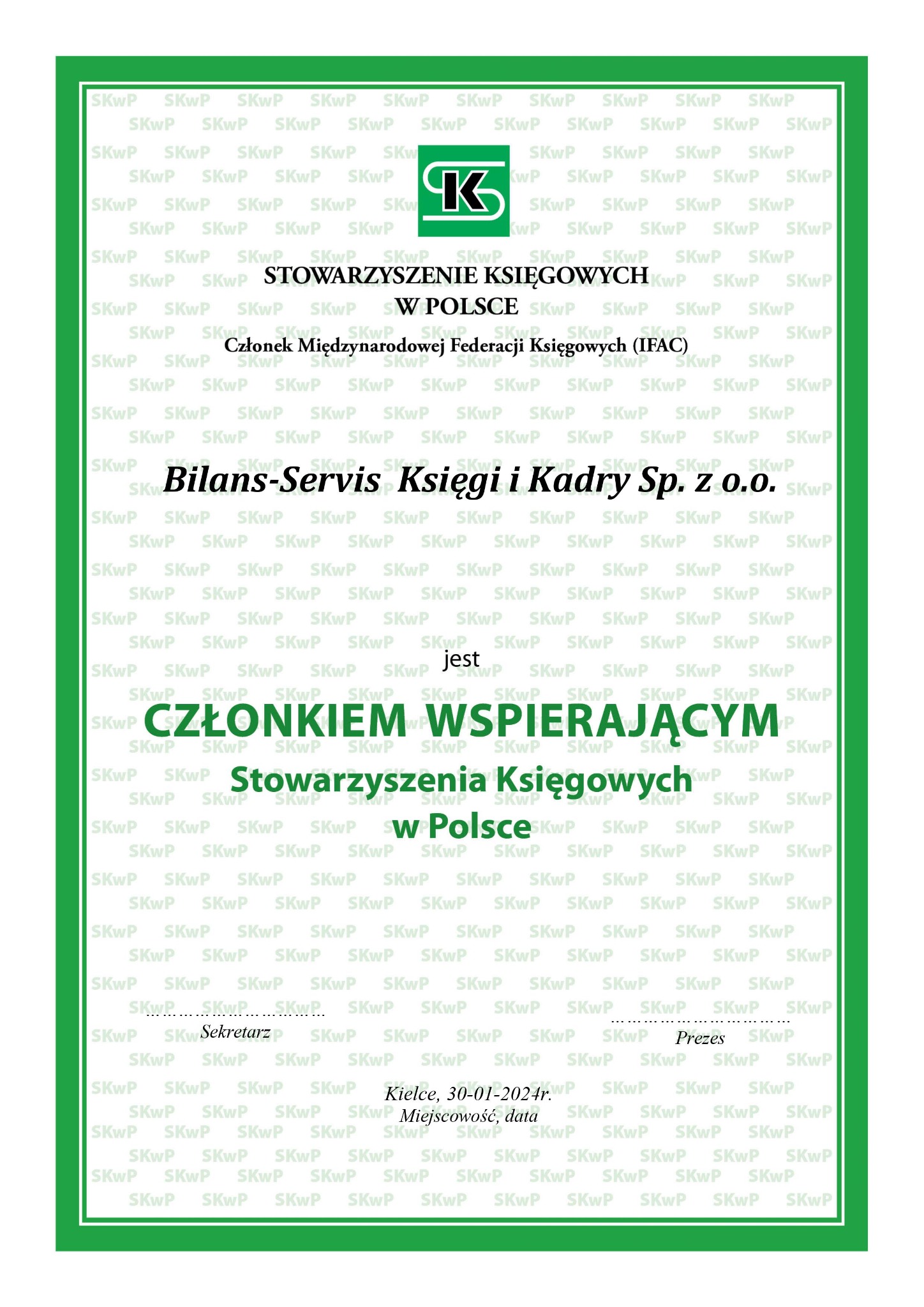 Certyfikat członkostwa wspierającego Stowarzyszenia Księgowych w Polsce dla firmy Bilans-Servis Księgi i Kadry Sp. z o.o. z datą 30-01-2024.