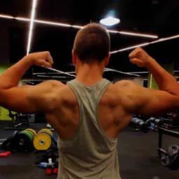 Mężczyzna w szarej koszulce typu bokserka, z widocznymi mięśniami pleców i bicepsami, pozujący na tle siłowni z obciążeniami i maszynami.