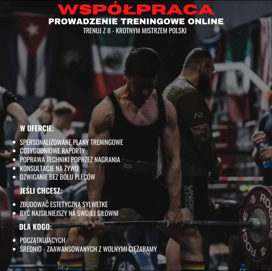Mężczyzna w czarnym stroju sportowym podnosi sztangę na tle flagi Kuby i innego mężczyzny, oferta prowadzenia treningów online z dwukrotnym mistrzem Polski.