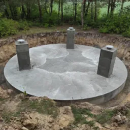 Okrągły, betonowy fundament z trzema pionowymi słupami, otoczony wykopem i zielenią