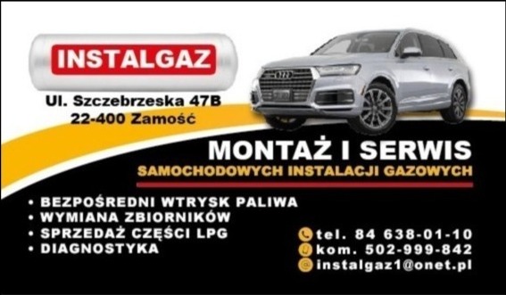 Wizytówka firmy oferującej montaż i serwis samochodowych instalacji gazowych, z adresem w Zamościu i zdjęciem srebrnego Audi SUV.