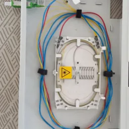 Otwarta skrzynka telekomunikacyjna z uporządkowanymi kablami światłowodowymi w kolorach niebieskim, czerwonym i ż&oacute;łtym, z widocznym ostrzeżeniem o promieniowaniu laserowym.