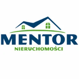 Logo firmy Mentor Nieruchomości z symbolem domu w kolorach zielonym i granatowym.