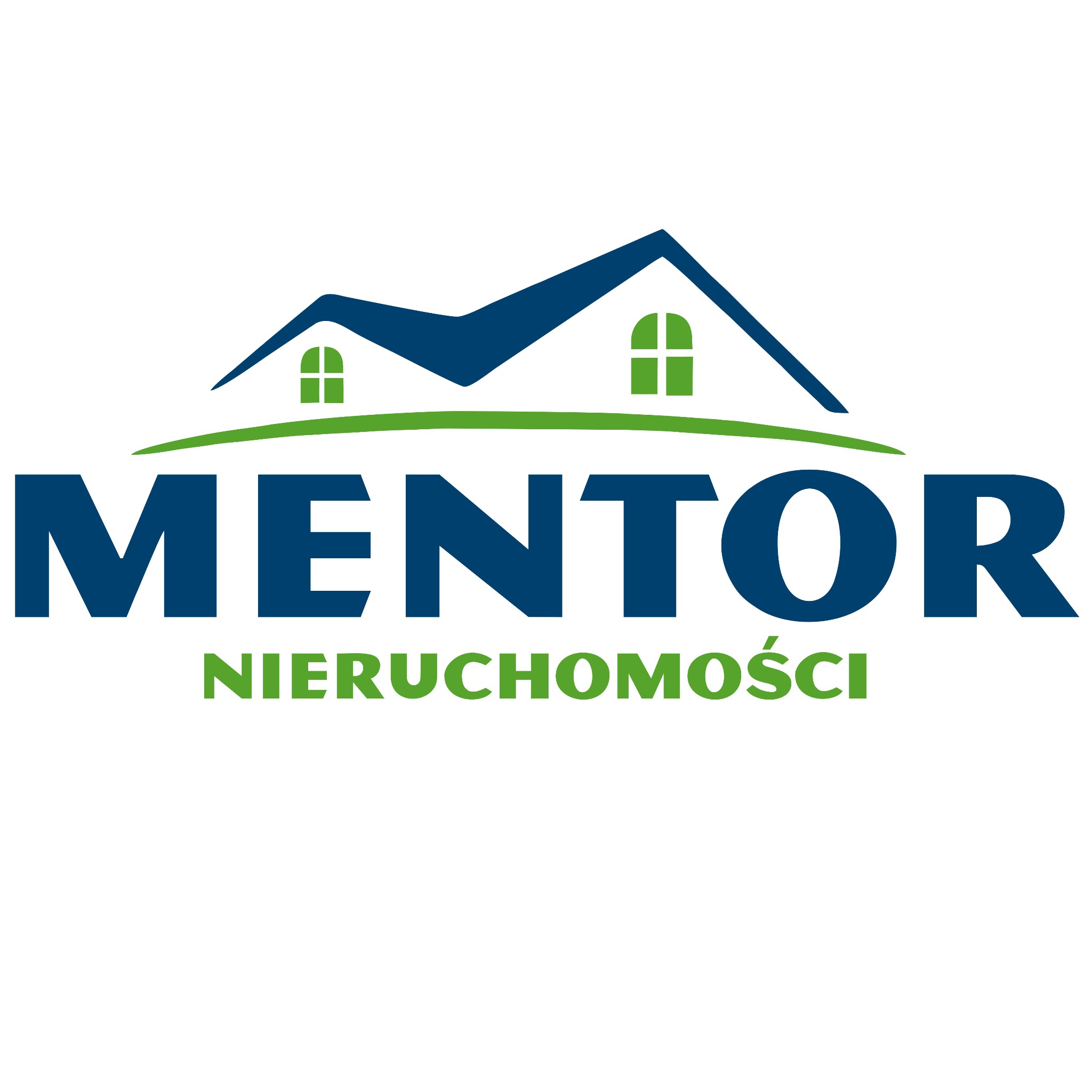 Logo firmy Mentor Nieruchomości z symbolem domu w kolorach zielonym i granatowym.