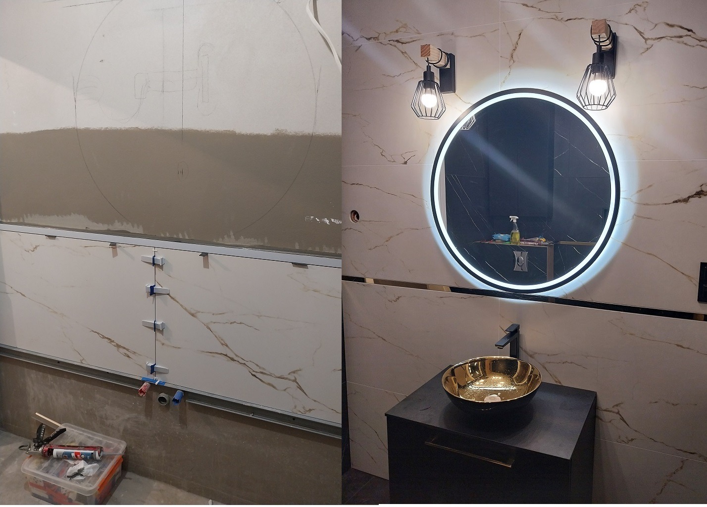 Łazienka w trakcie wykończenia: widok przed i po ułożeniu płytek marmurowych, zarys instalacji na ścianie, narzędzia do układania płytek oraz gotowa umywalka ze złotą misą i podświetlanym lustrem.