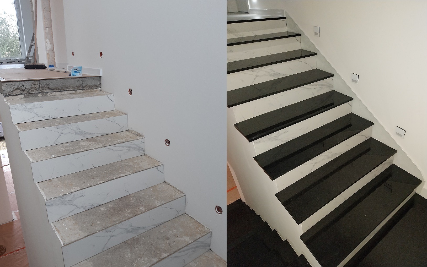 Porównanie stanu surowego i wykończonego schodów: białe stopnice z marmurowym wzorem, część w trakcie prac z widocznym klejem, część wykończona czarnymi nakładkami, widoczne puszki elektryczne...