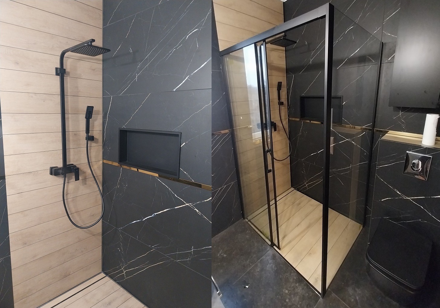 Nowoczesna łazienka z czarną armaturą: deszczownica, wnęka w ścianie z marmurowym wzorem, kabina prysznicowa z przesuwnymi drzwiami i drewnopodobną okładziną wewnątrz.